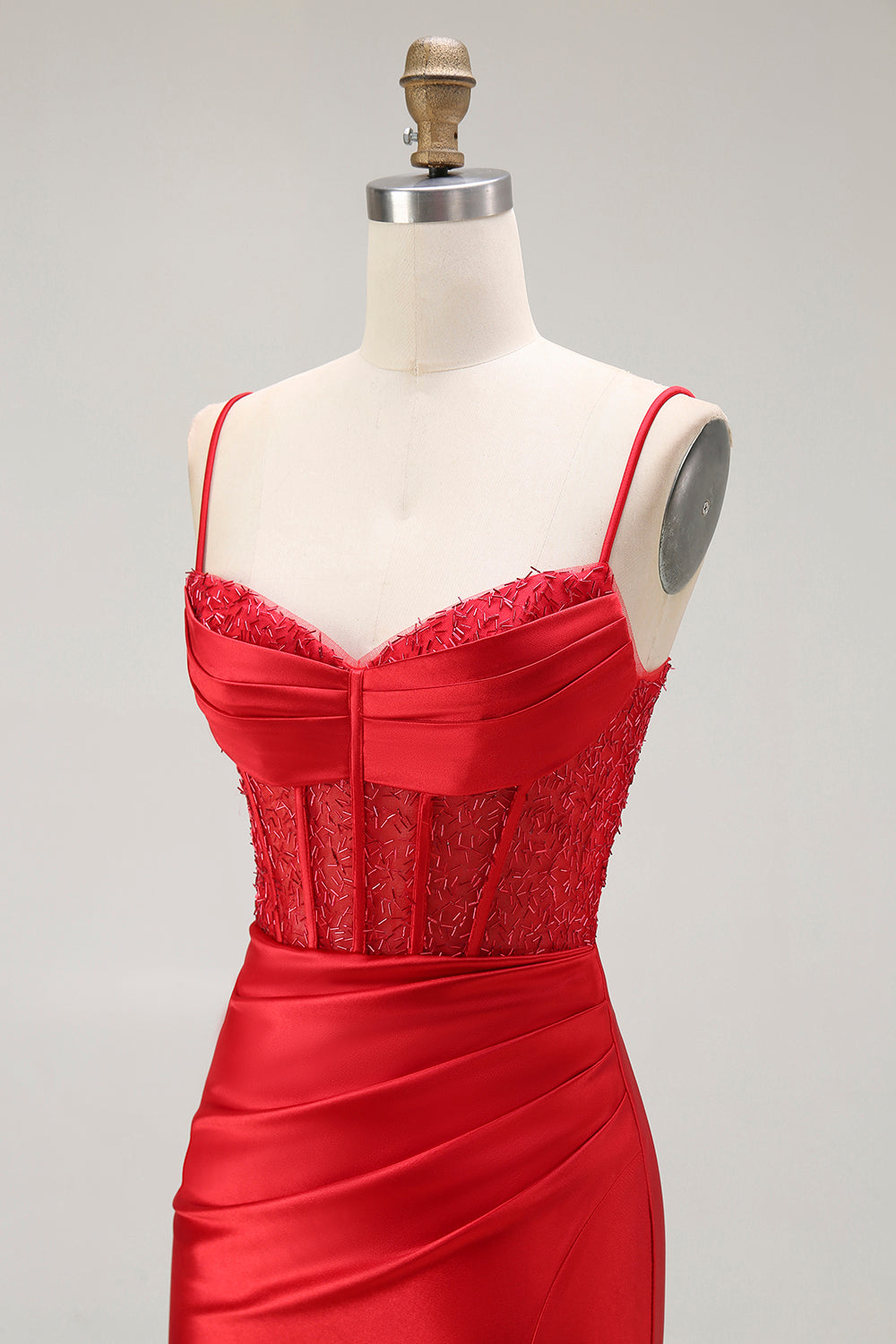 Red Mermaid Spaghetti Straps Corset Pleated Long Prom Dress with Slit