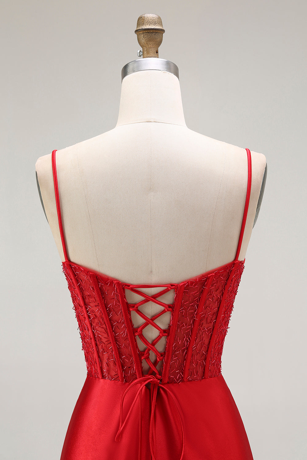 Red Mermaid Spaghetti Straps Corset Pleated Long Prom Dress with Slit