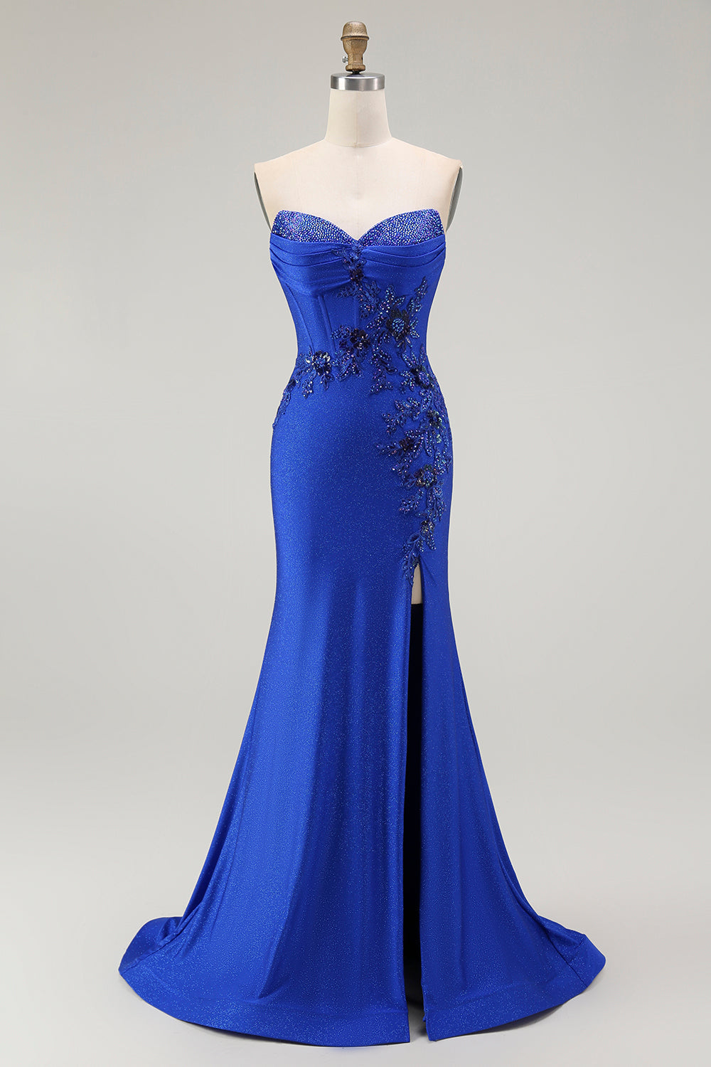 Royal Blue Mermaid Strapless Lace-Up Back Beaded Long Prom Dress with Slit