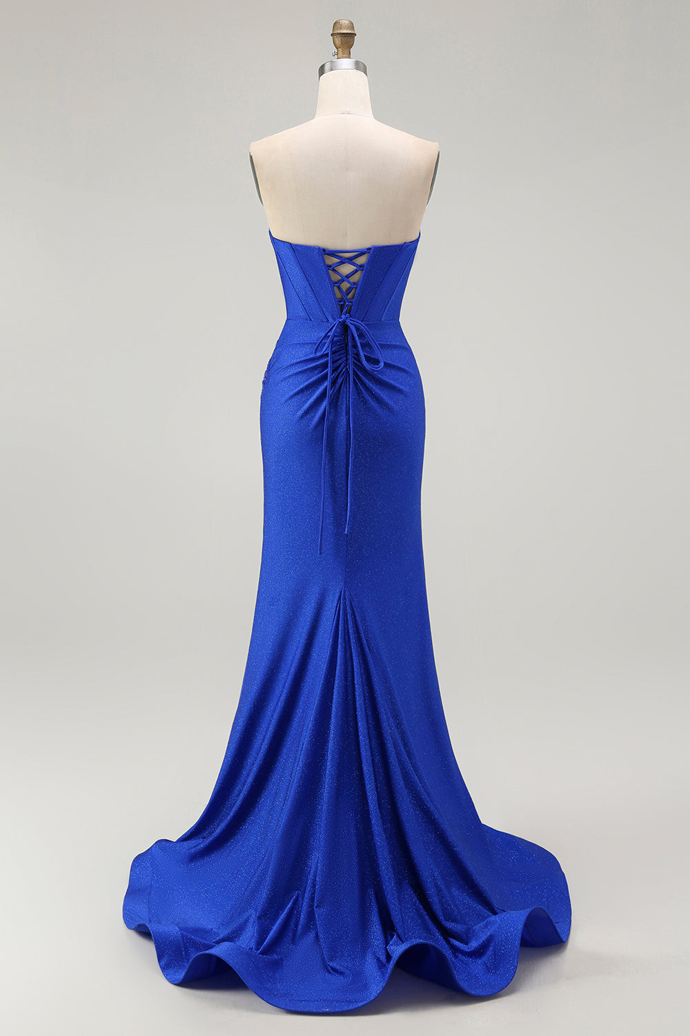Royal Blue Mermaid Strapless Lace-Up Back Beaded Long Prom Dress with Slit