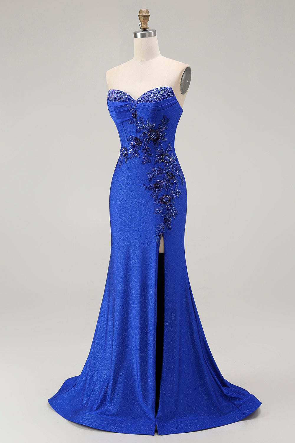 Royal Blue Mermaid Strapless Lace-Up Back Beaded Long Prom Dress with Slit