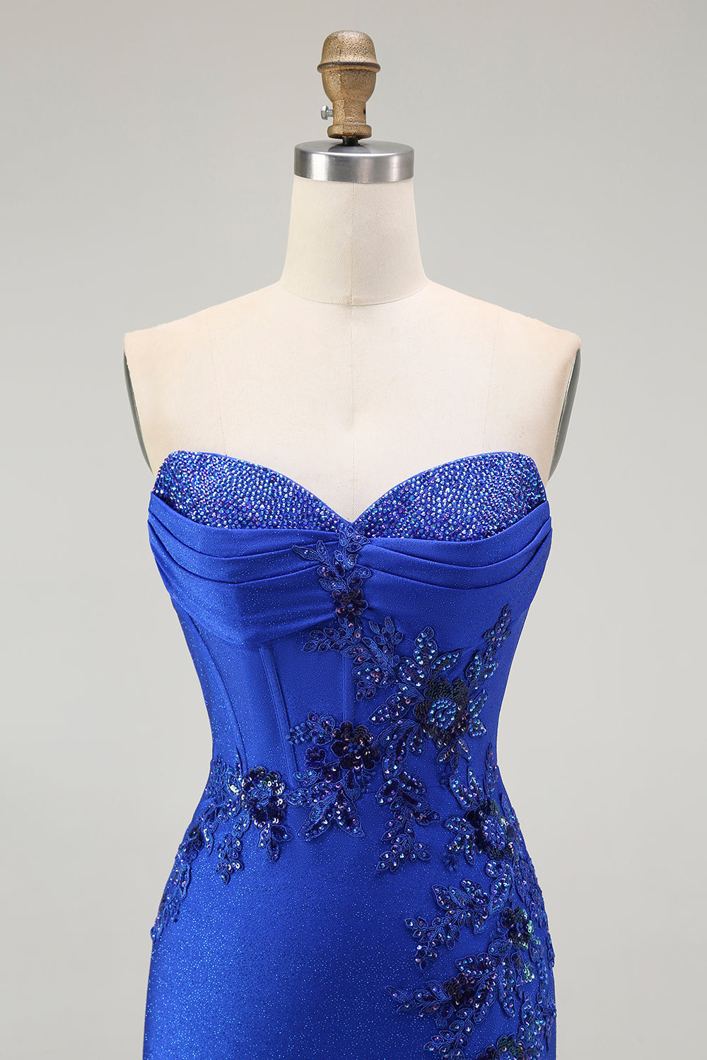 Royal Blue Mermaid Strapless Lace-Up Back Beaded Long Prom Dress with Slit