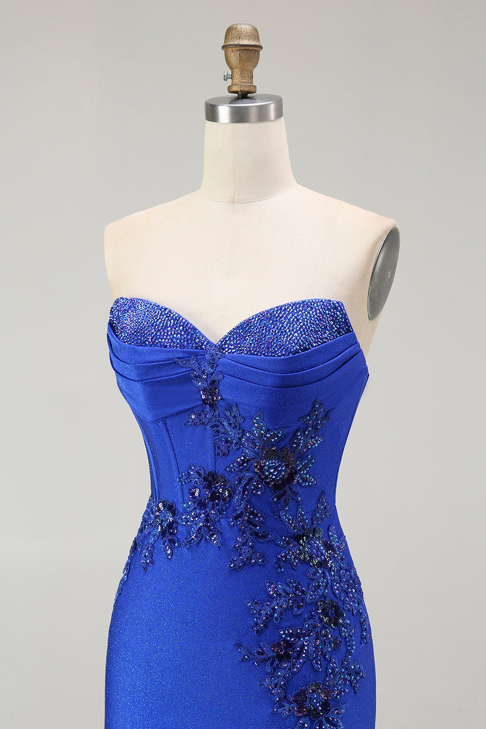 Royal Blue Mermaid Strapless Lace-Up Back Beaded Long Prom Dress with Slit