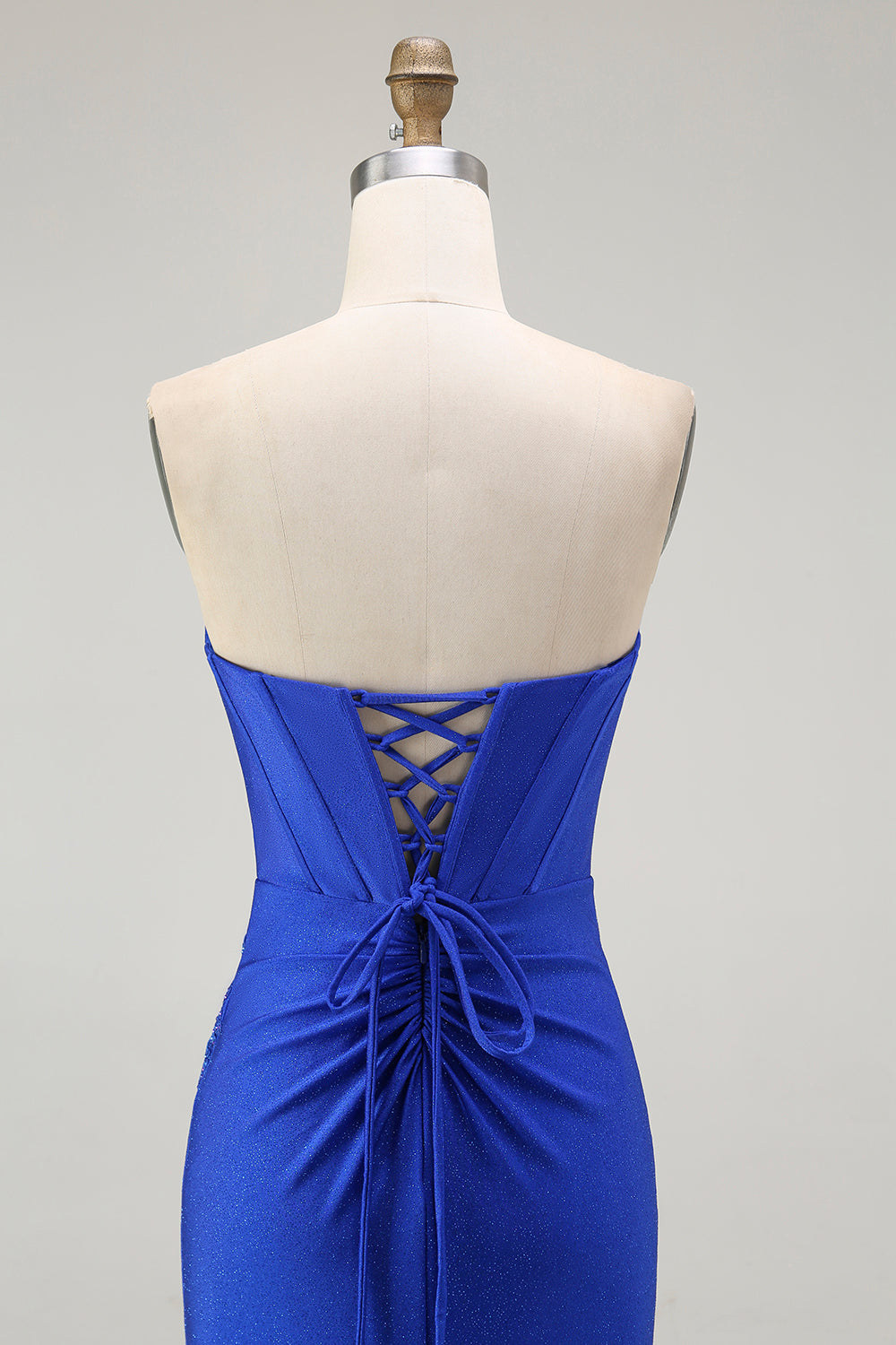 Royal Blue Mermaid Strapless Lace-Up Back Beaded Long Prom Dress with Slit
