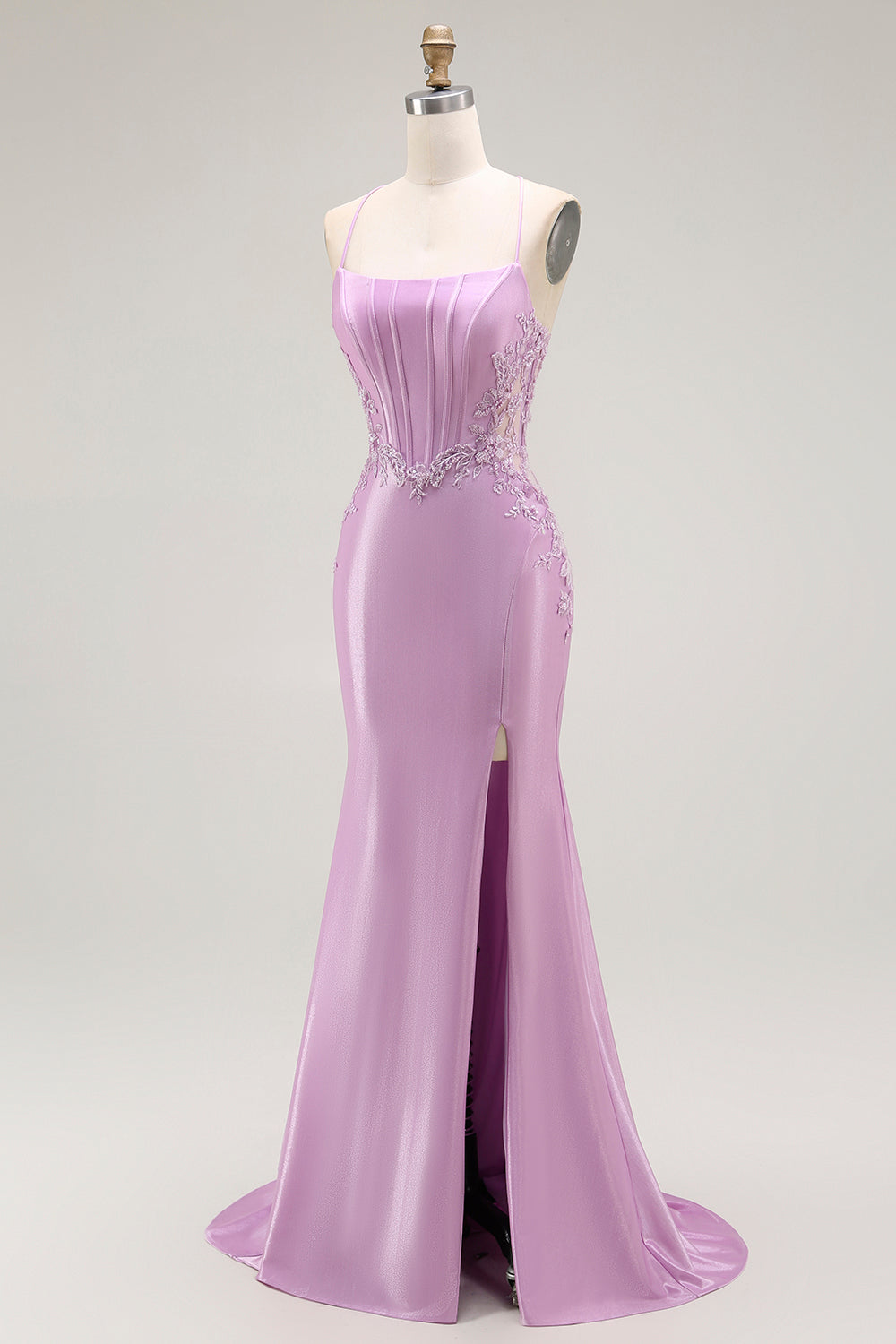 Robe de bal longue corset sirène violette à bretelles spaghetti et fente