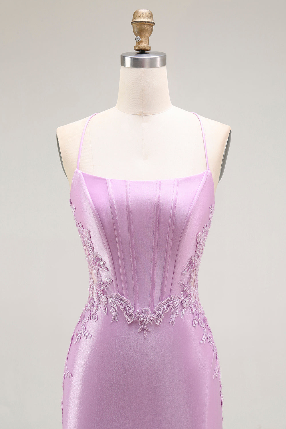 Robe de bal longue corset sirène violette à bretelles spaghetti et fente