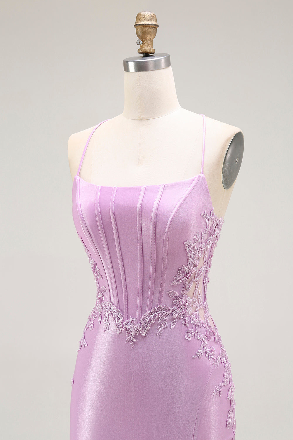 Robe de bal longue corset sirène violette à bretelles spaghetti et fente