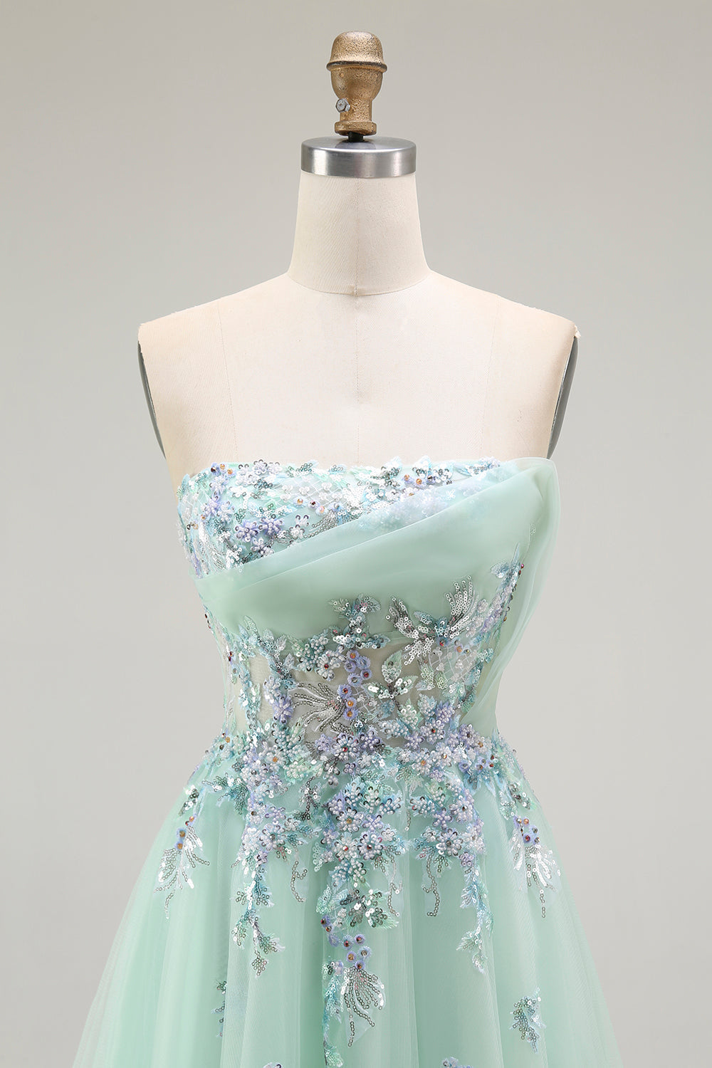 Green A-Line Strapless Tulle Sheer Corset Long Prom Dress with Appliques
