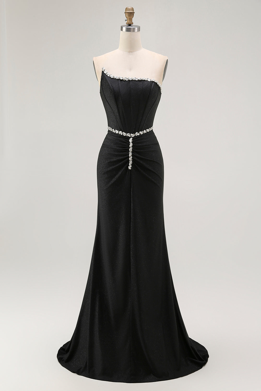 Robe longue de bal sirène bustier noire avec perles