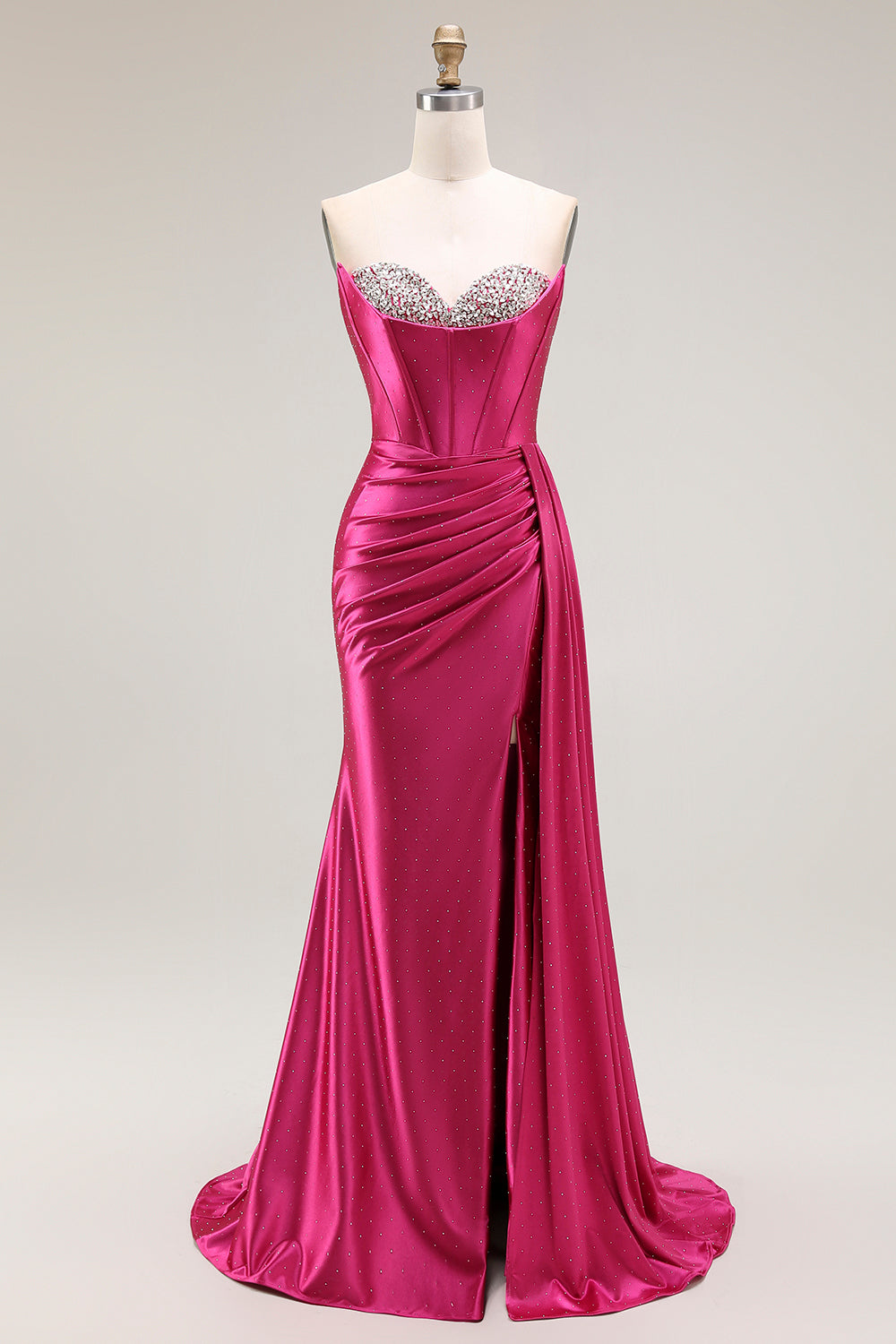 Sparkly Fuchsia Mermaid Sweetheart Beaded Pleated Long Prom Dress with Slit