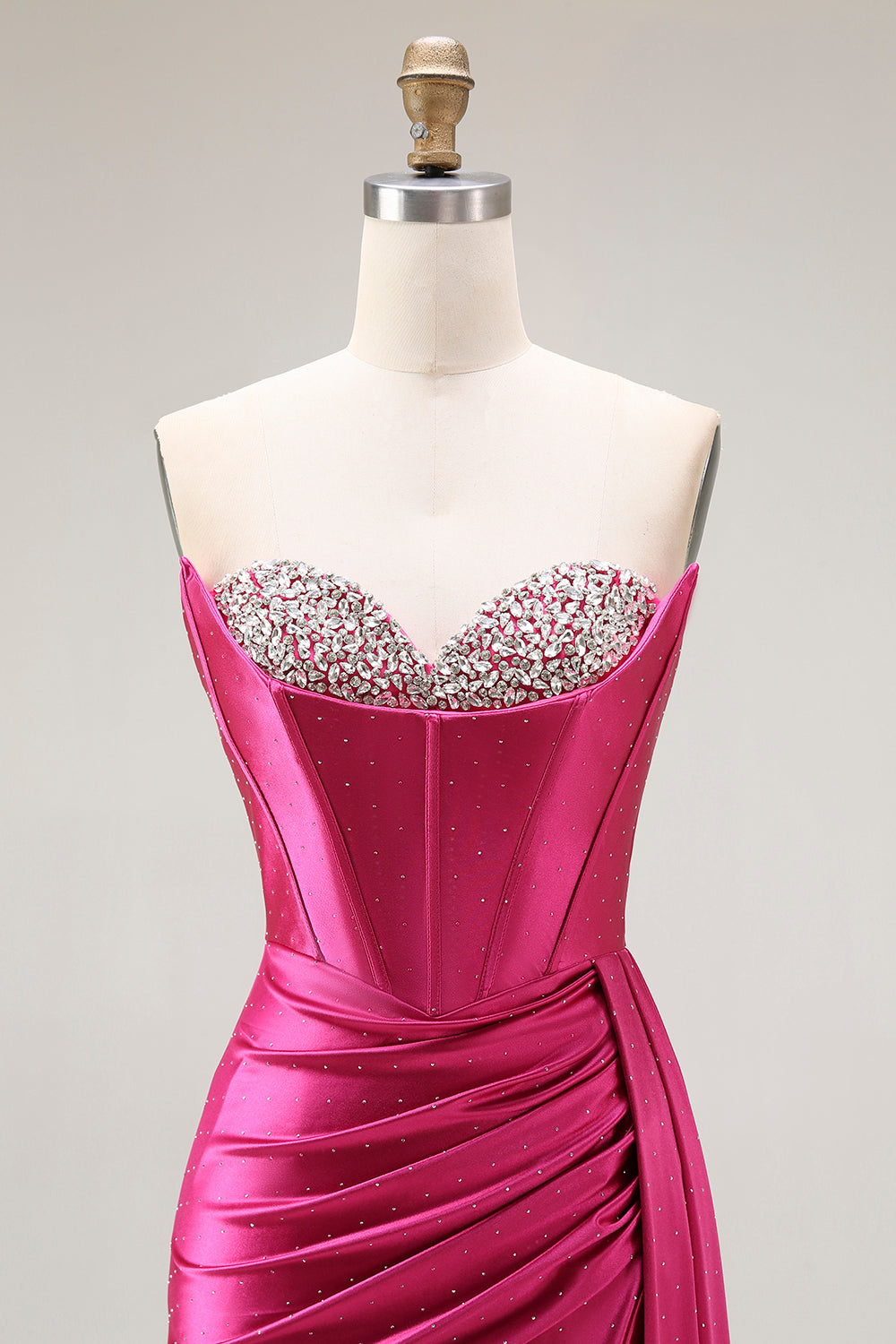 Sparkly Fuchsia Mermaid Sweetheart Beaded Pleated Long Prom Dress with Slit