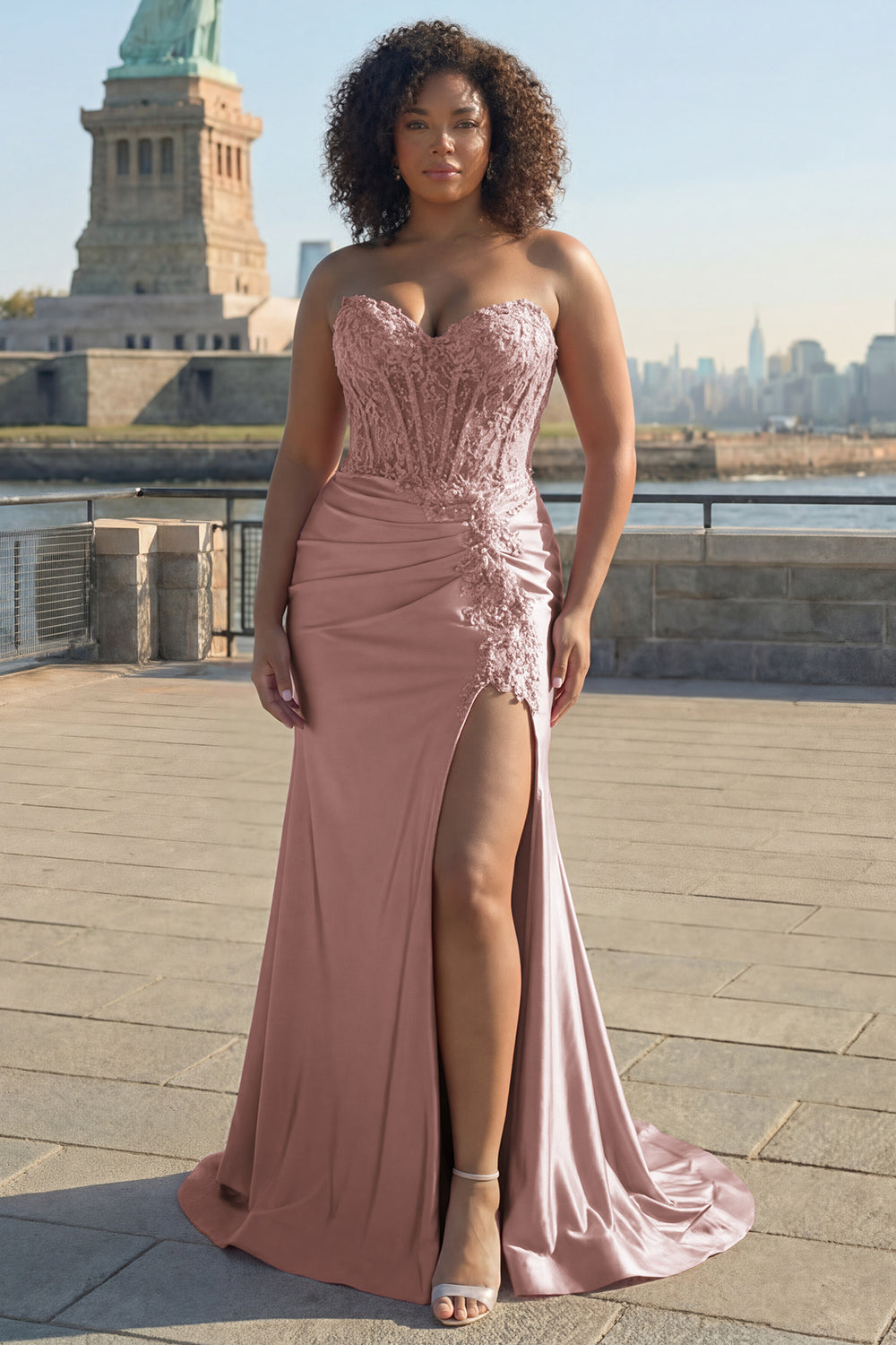 Blush Appliqued Sweetheart Corset Mermaid Long Plus Size Prom Dress with Slit