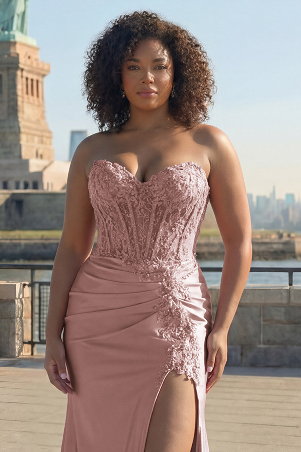 Blush Appliqued Sweetheart Corset Mermaid Long Plus Size Prom Dress with Slit