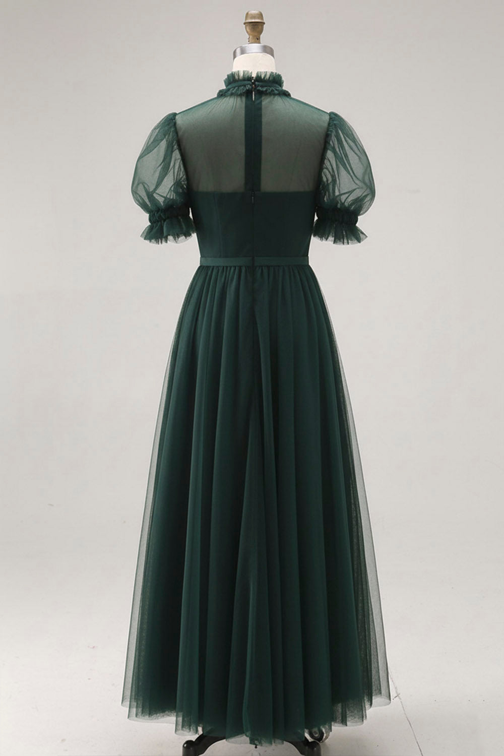 Dusty Blue A-Line High Neck Tulle Midi Formal Dress with Sleeves