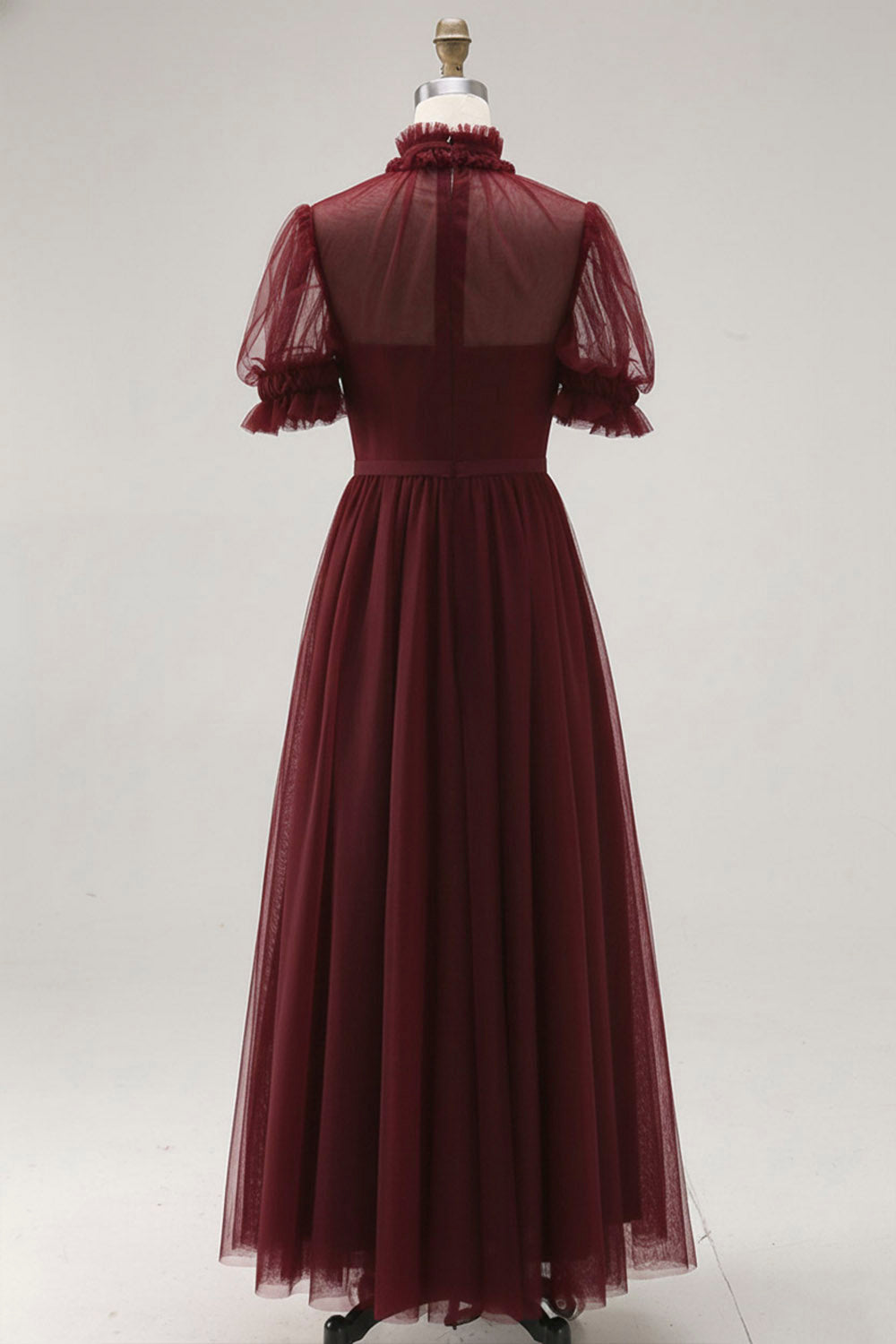 Dusty Blue A-Line High Neck Tulle Midi Formal Dress with Sleeves