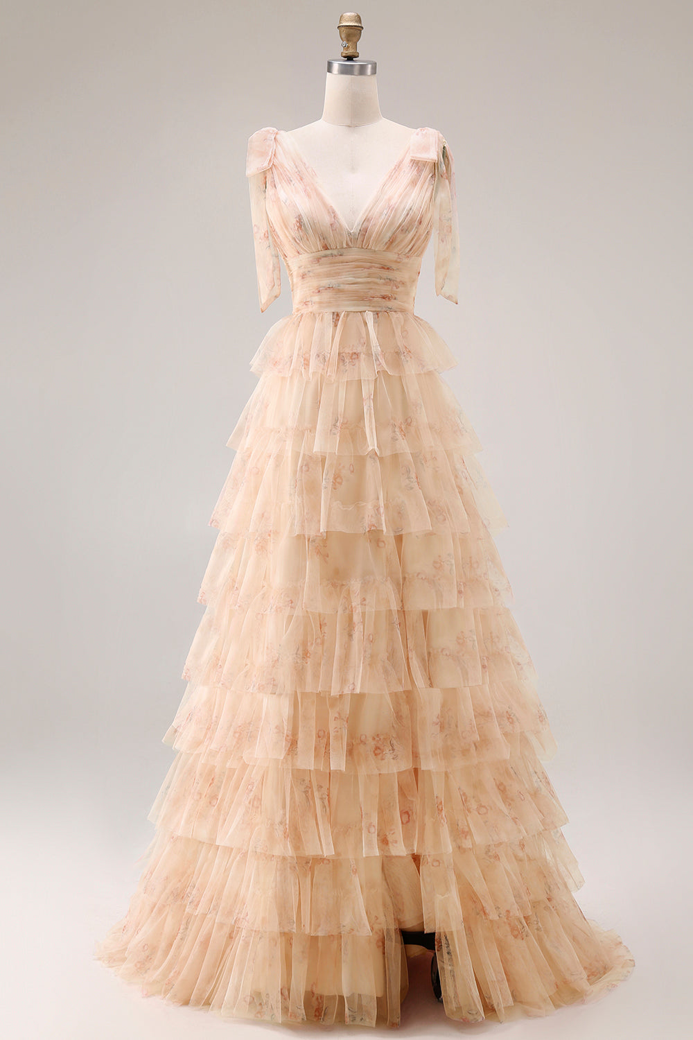 Green A-Line Tiered Ruffle Long Floral Prom Dress with Slit