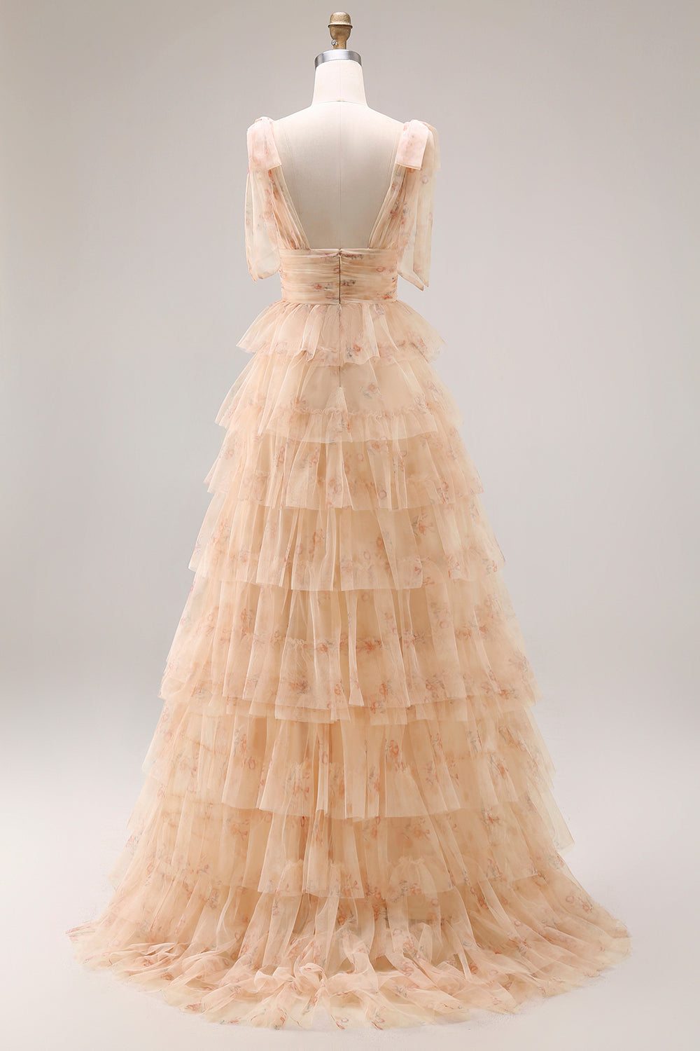 Green A-Line Tiered Ruffle Long Floral Prom Dress with Slit