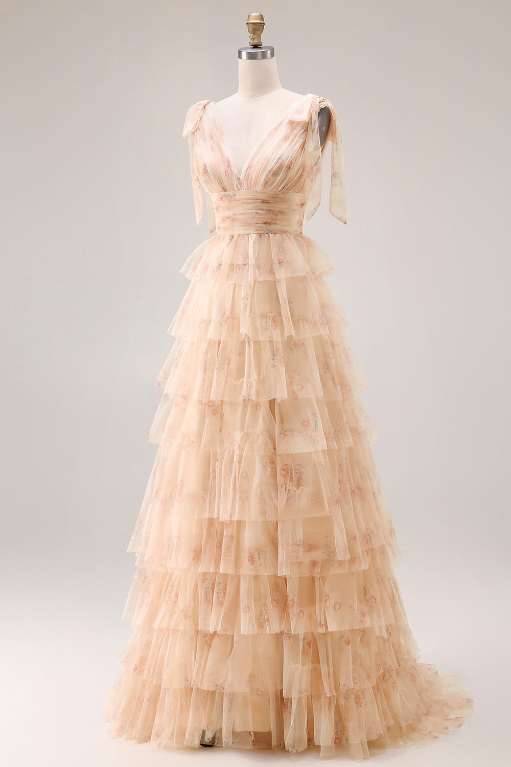 Green A-Line Tiered Ruffle Long Floral Prom Dress with Slit