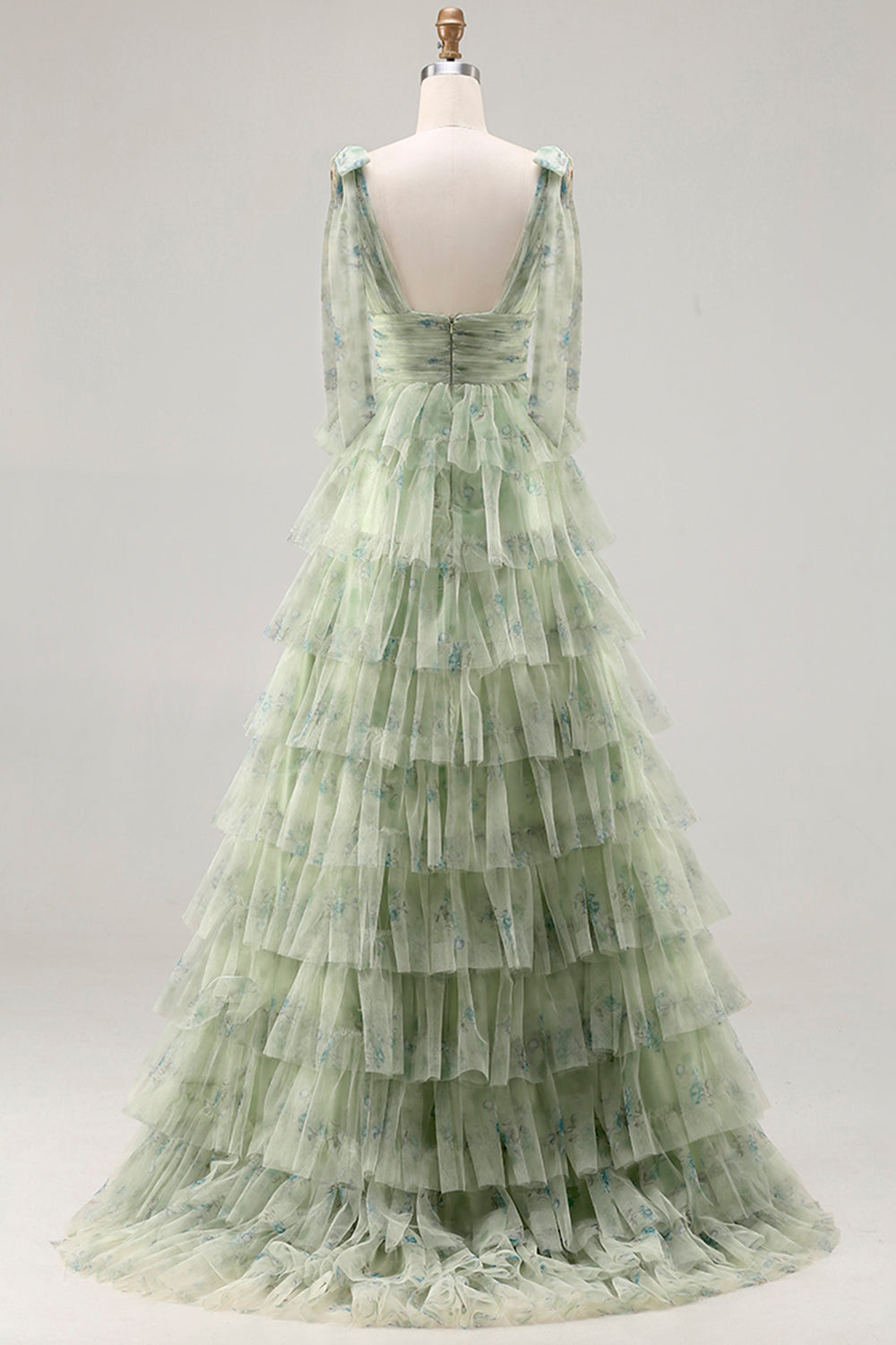 Green A-Line Tiered Ruffle Long Floral Prom Dress with Slit