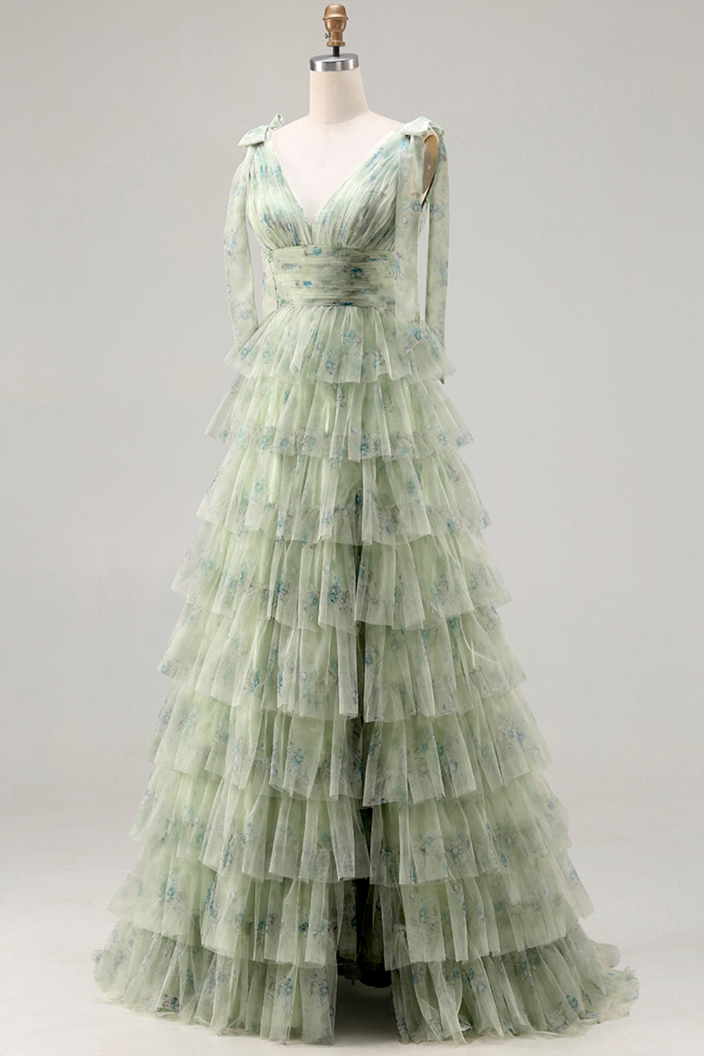 Green A-Line Tiered Ruffle Long Floral Prom Dress with Slit