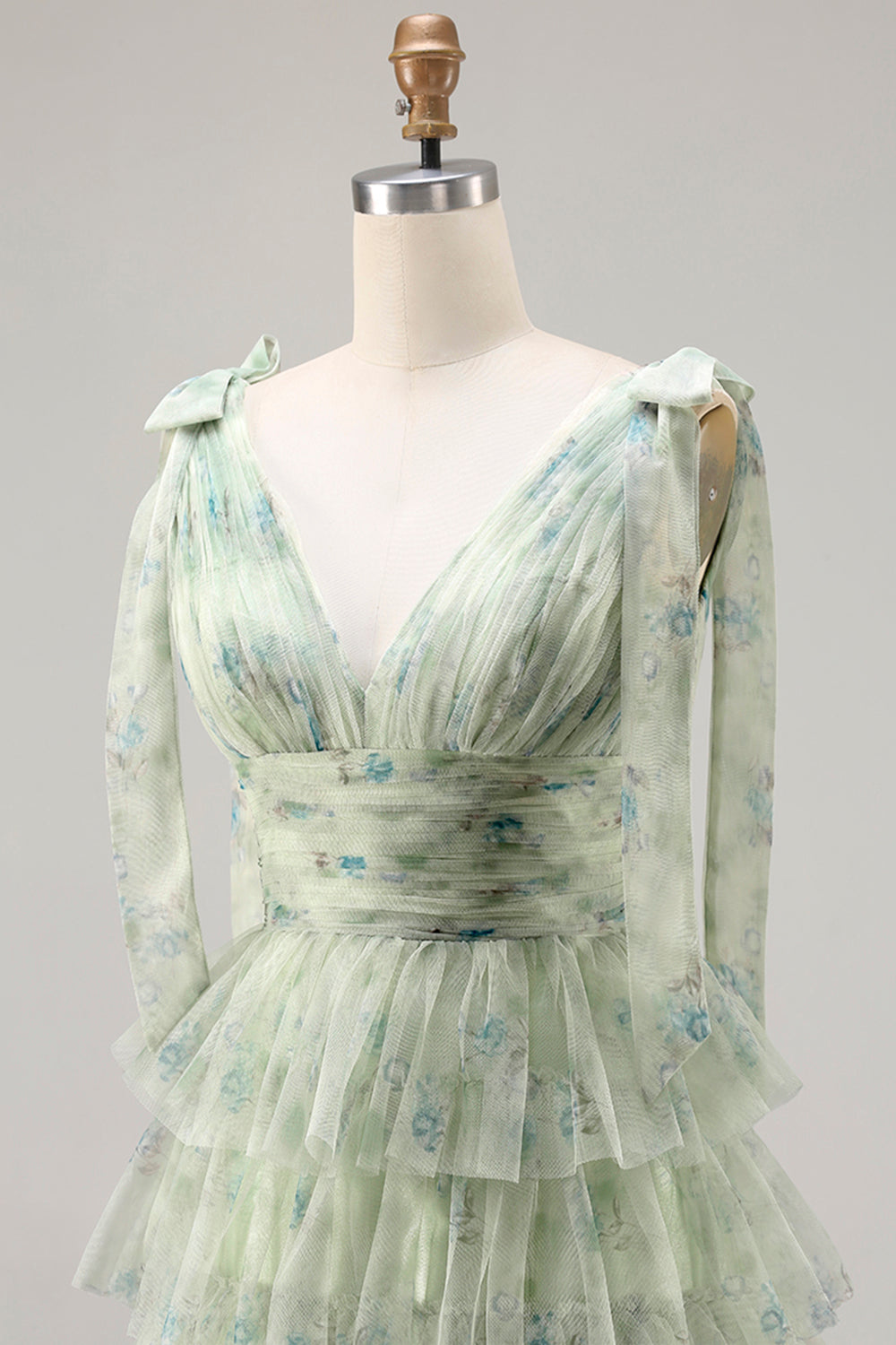 Green A-Line Tiered Ruffle Long Floral Prom Dress with Slit