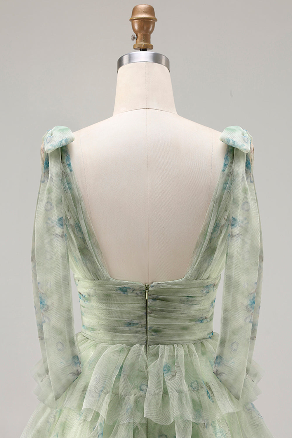 Green A-Line Tiered Ruffle Long Floral Prom Dress with Slit