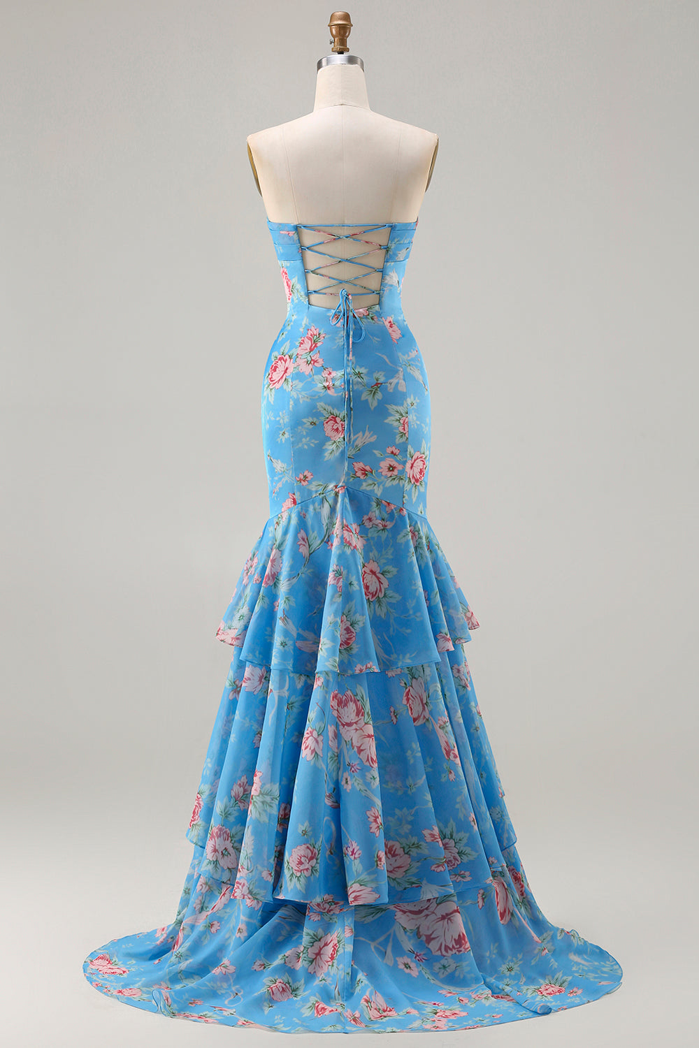 Blue Floral Mermaid Sweetheart Ruffled Long Prom Dress with Slit