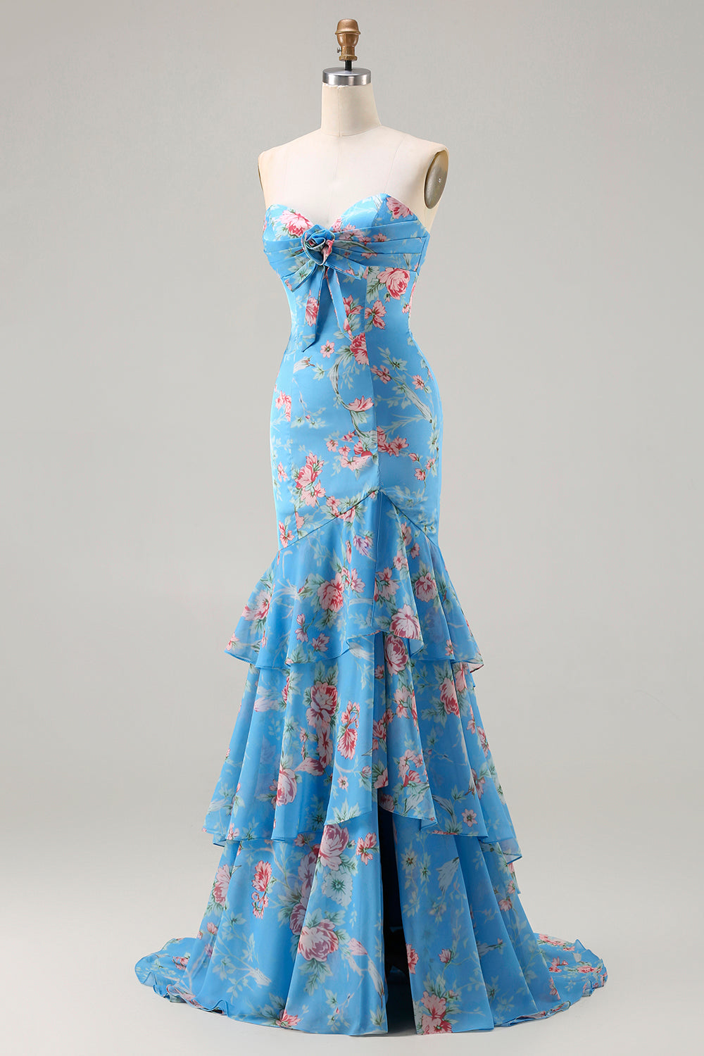 Blue Floral Mermaid Sweetheart Ruffled Long Prom Dress with Slit