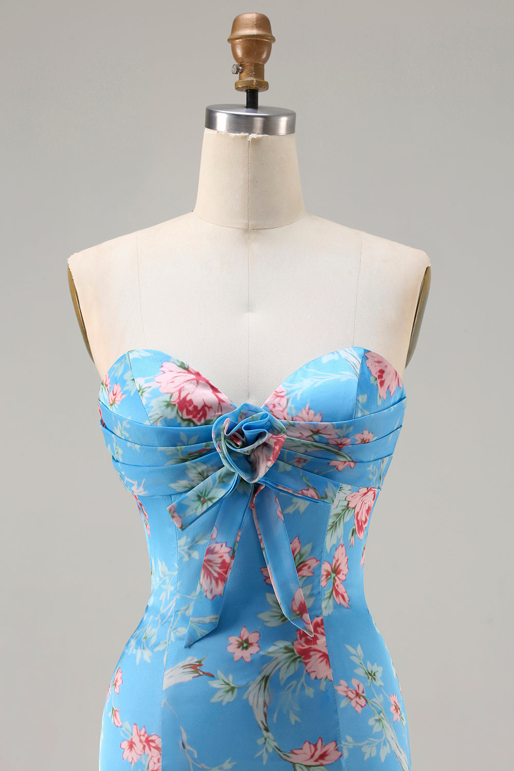 Blue Floral Mermaid Sweetheart Ruffled Long Prom Dress with Slit