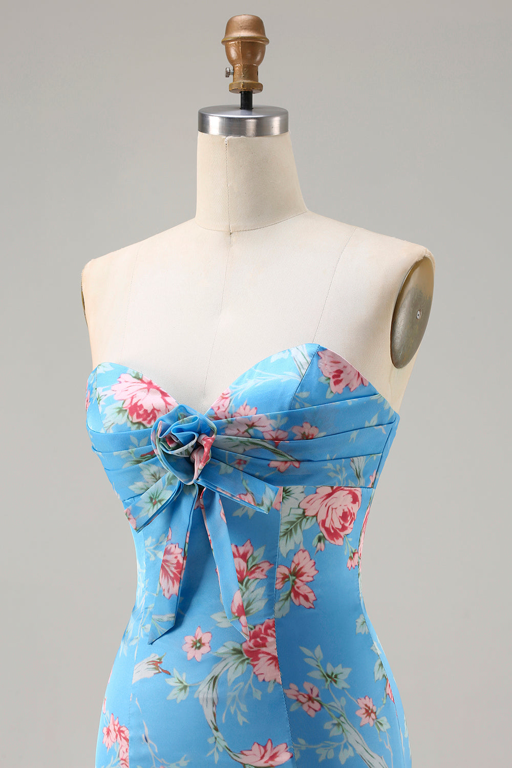Blue Floral Mermaid Sweetheart Ruffled Long Prom Dress with Slit