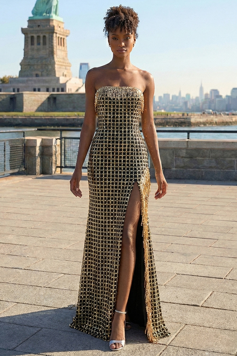 Sparkly Black Golden Strapless Sheath Sequins Beaded Long Prom Dress with Slit