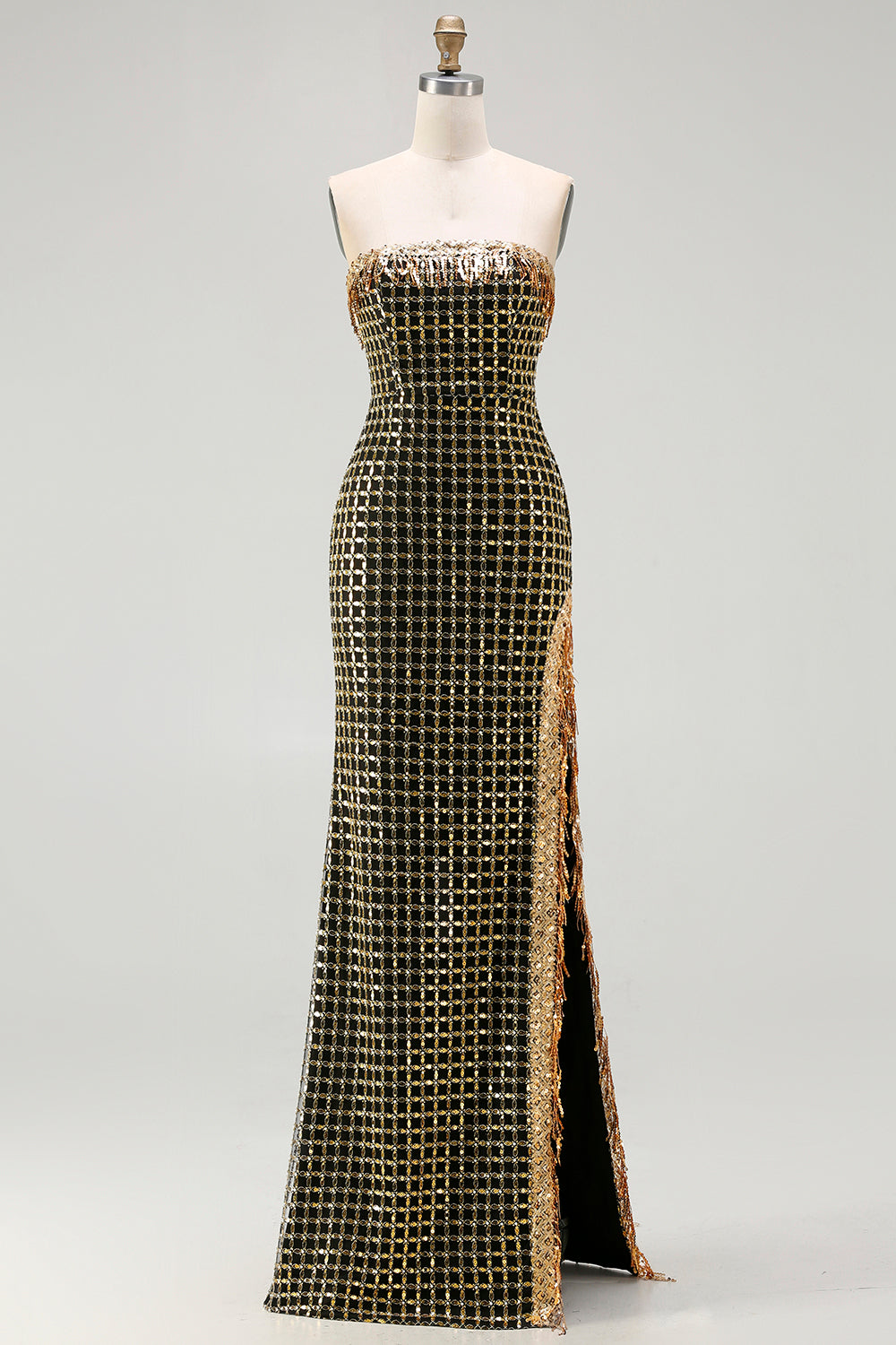 Sparkly Black Golden Strapless Sheath Sequins Beaded Long Prom Dress with Slit