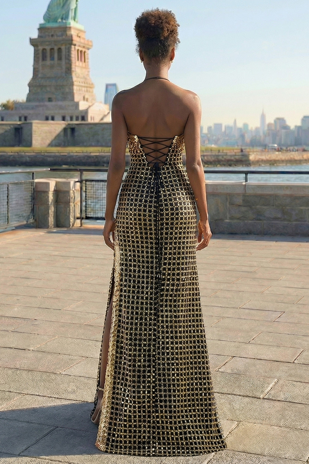 Sparkly Black Golden Strapless Sheath Sequins Beaded Long Prom Dress with Slit