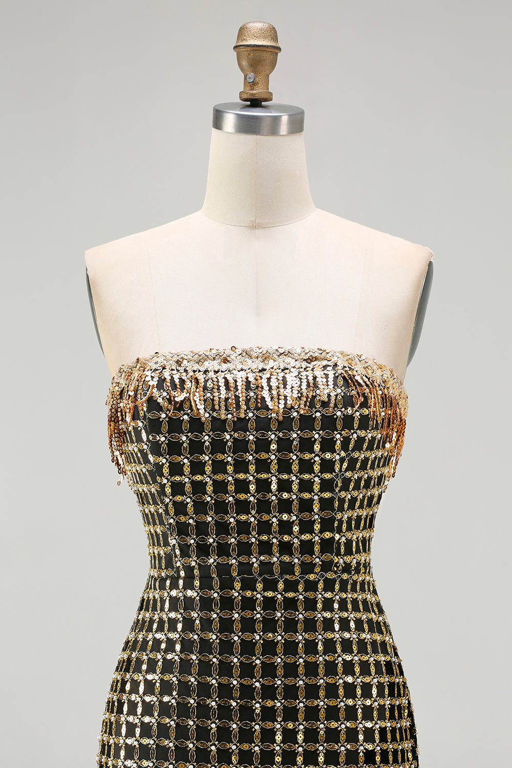 Sparkly Black Golden Strapless Sheath Sequins Beaded Long Prom Dress with Slit