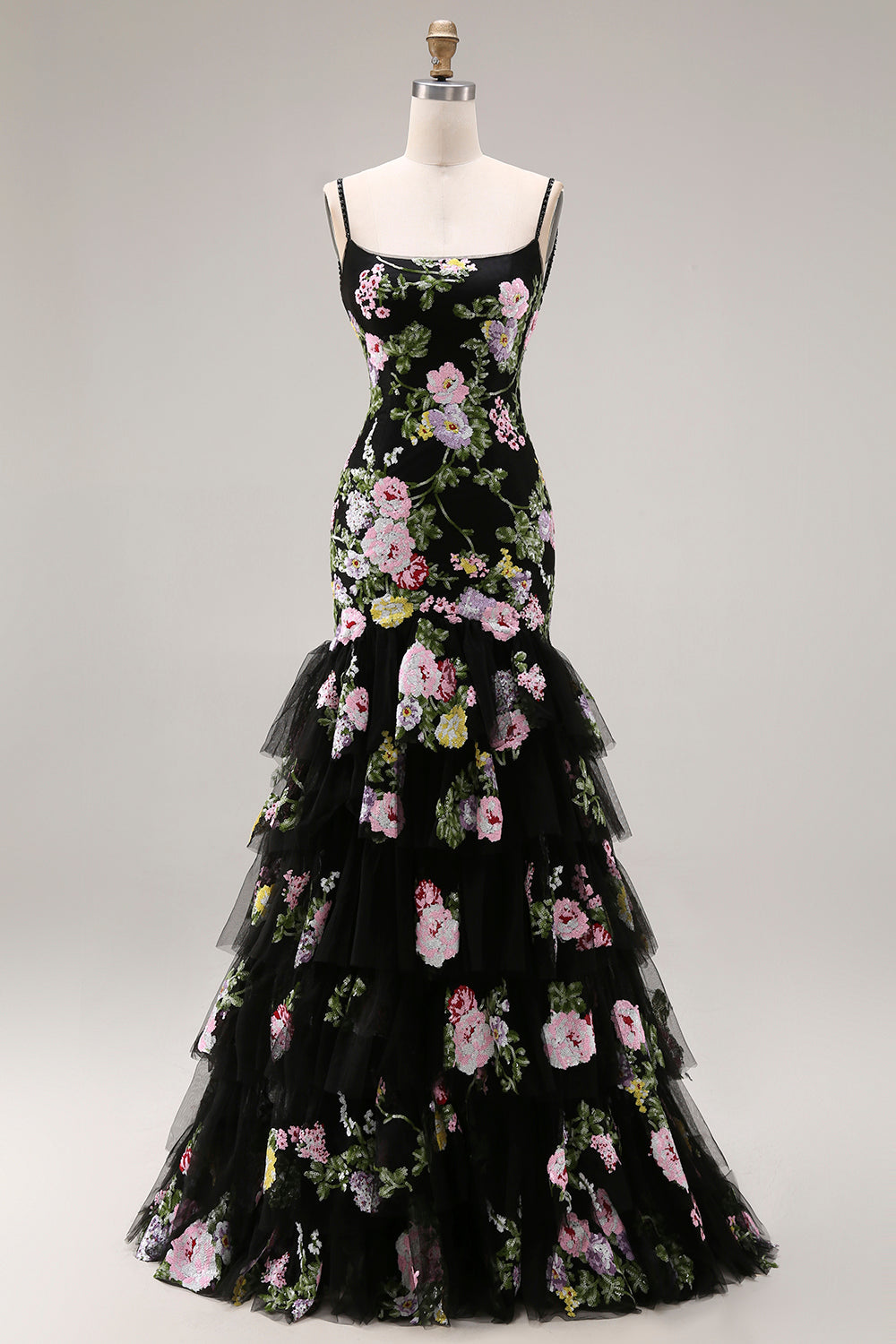 Black Pink Flower Mermaid Ruffled Sequin Long Prom Dress with Lace Up Back