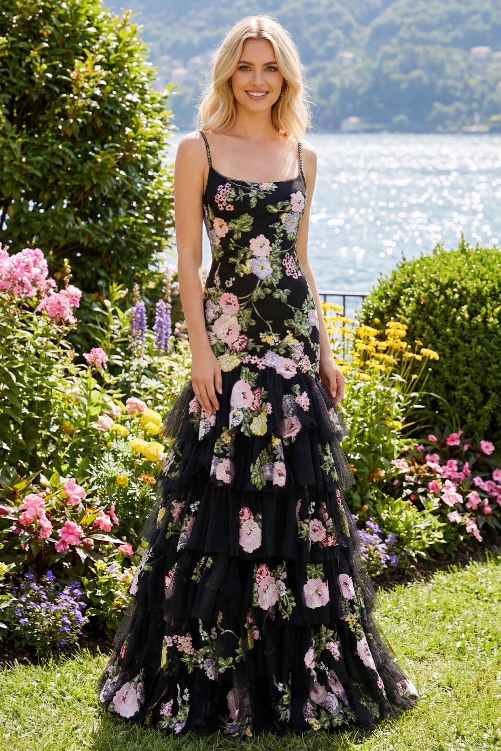 Black Pink Flower Mermaid Ruffled Sequin Long Prom Dress with Lace Up Back
