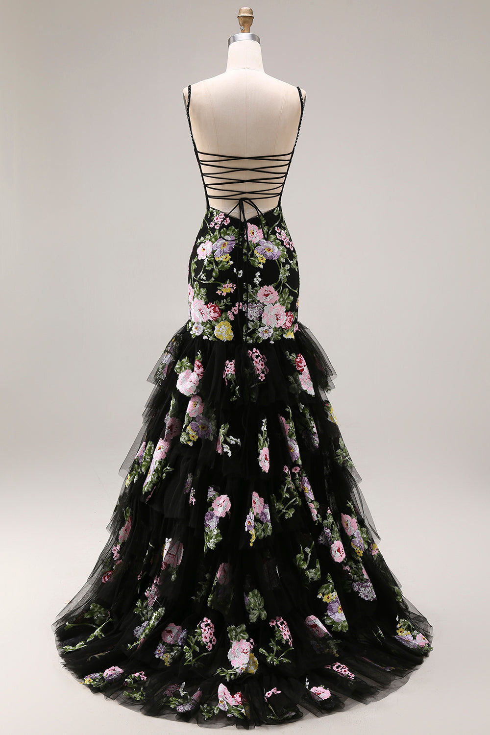Black Pink Flower Mermaid Ruffled Sequin Long Prom Dress with Lace Up Back