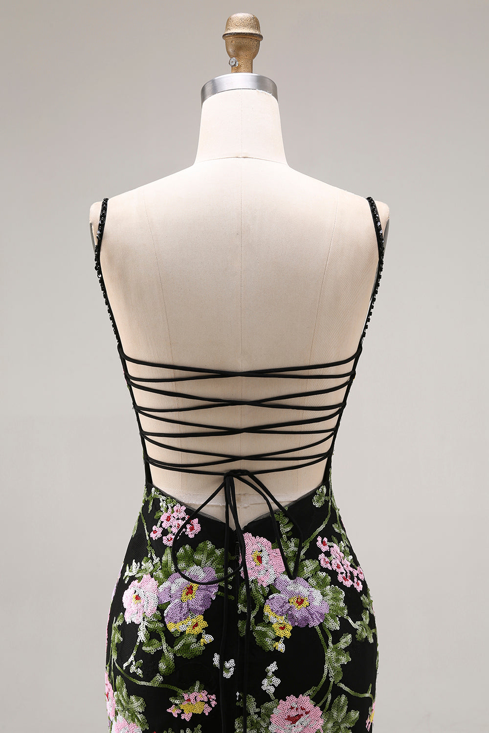 Black Pink Flower Mermaid Ruffled Sequin Long Prom Dress with Lace Up Back