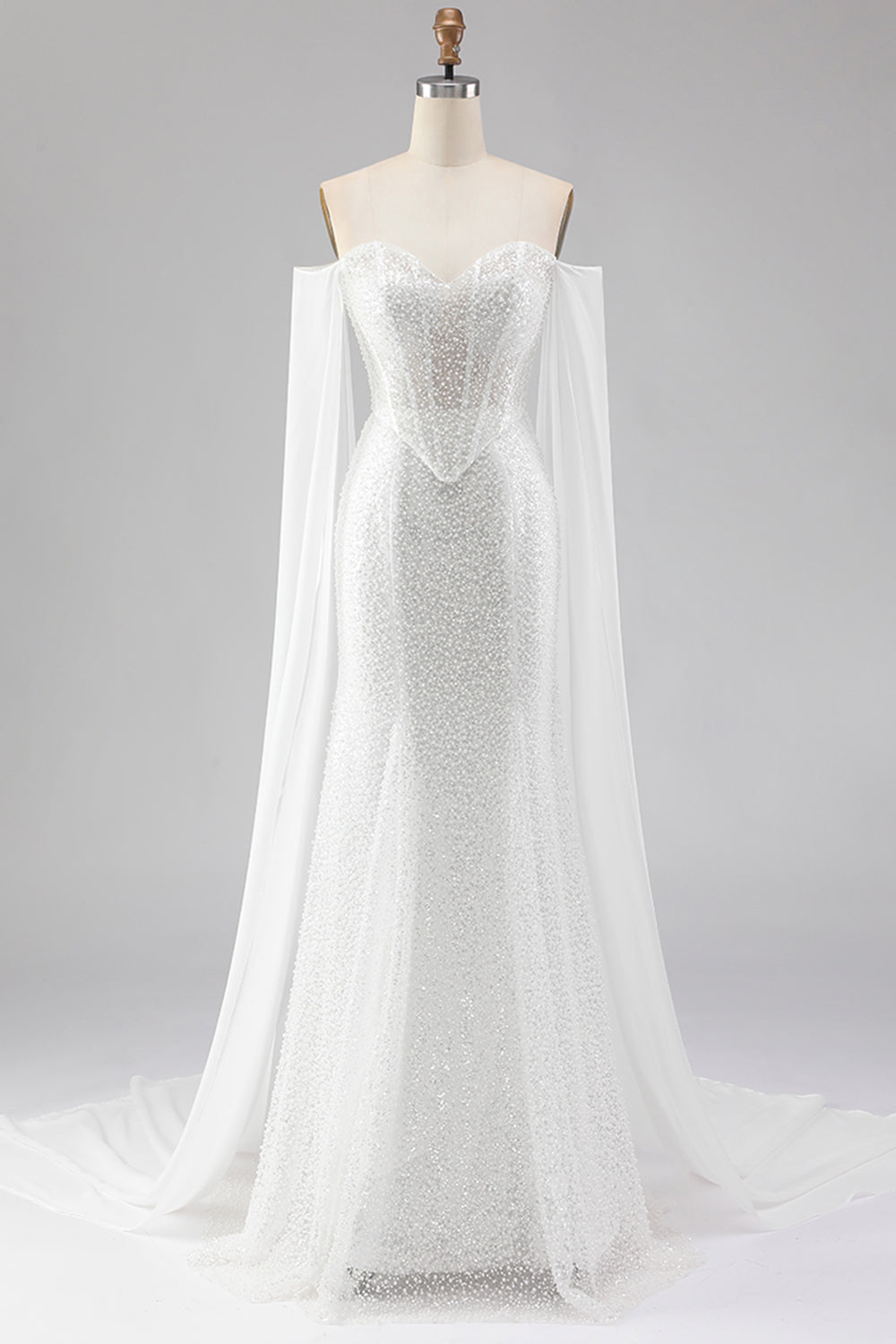 White Mermaid Beaded Sweetheart Sequin Long Prom Dress with Cape