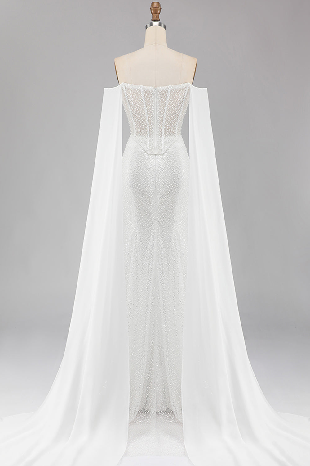 White Mermaid Beaded Sweetheart Sequin Long Prom Dress with Cape
