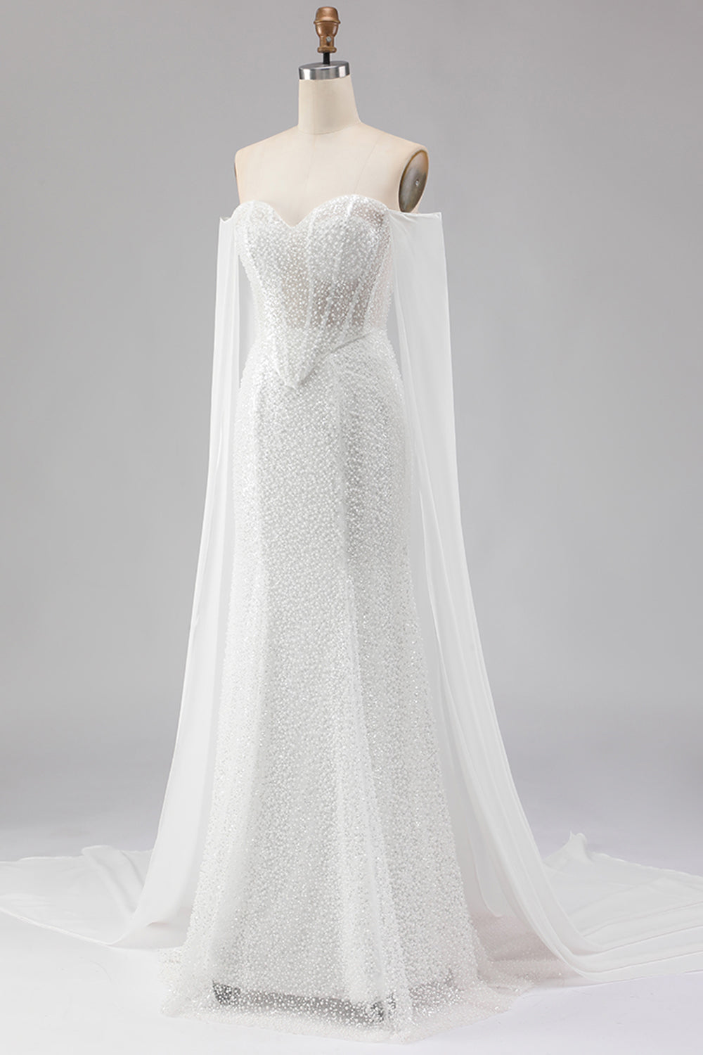 White Mermaid Beaded Sweetheart Sequin Long Prom Dress with Cape