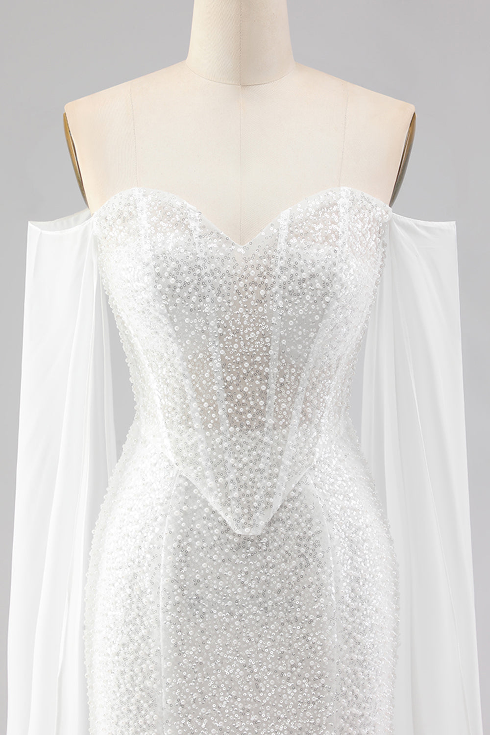 White Mermaid Beaded Sweetheart Sequin Long Prom Dress with Cape