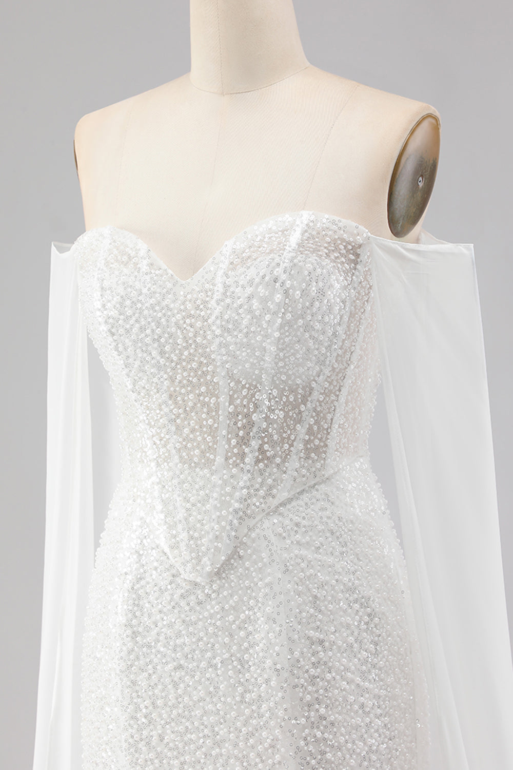 White Mermaid Beaded Sweetheart Sequin Long Prom Dress with Cape
