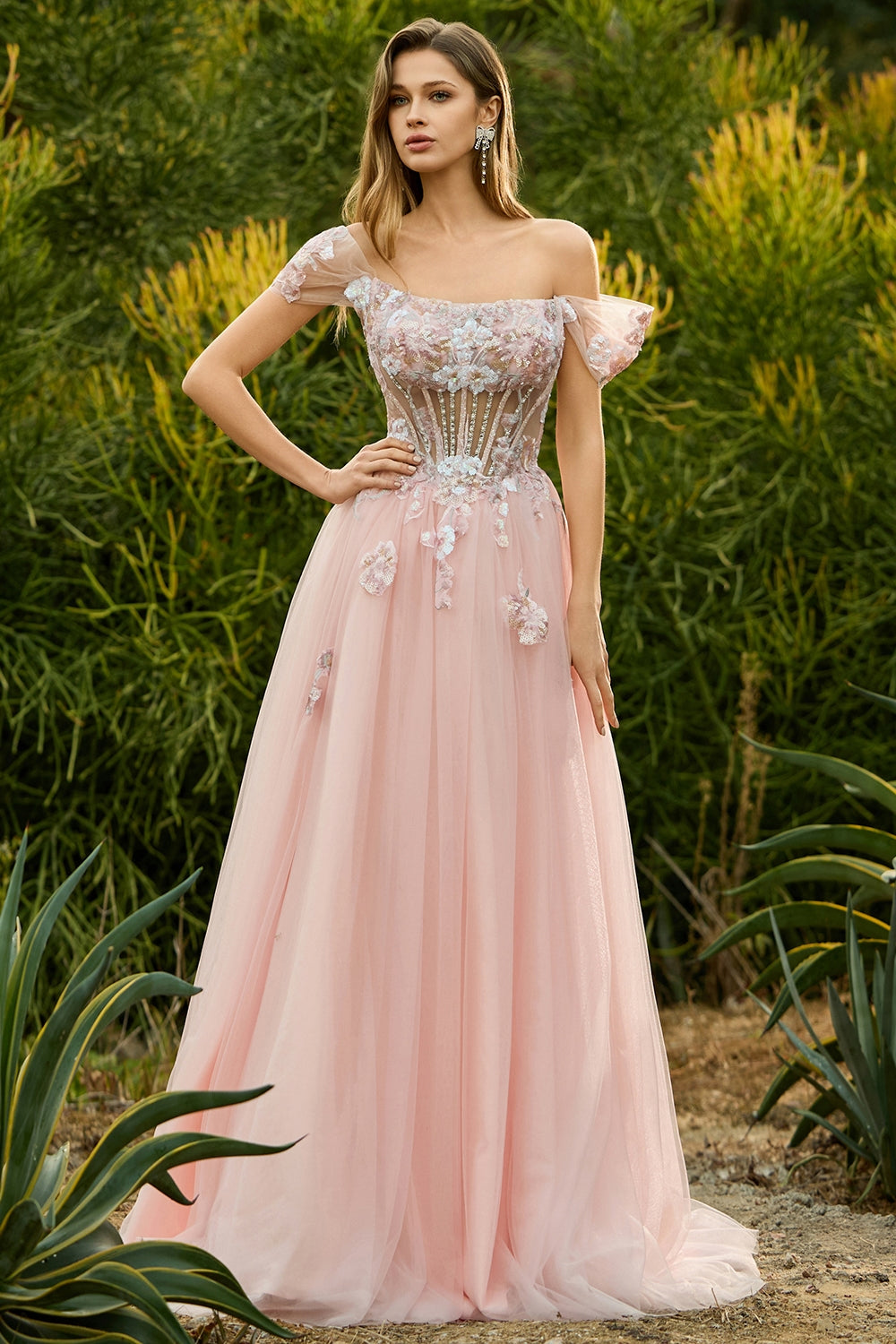 Pink A-Line Beaded Off-the-Shoulder Sheer Corset Long Prom Dress with Sequins