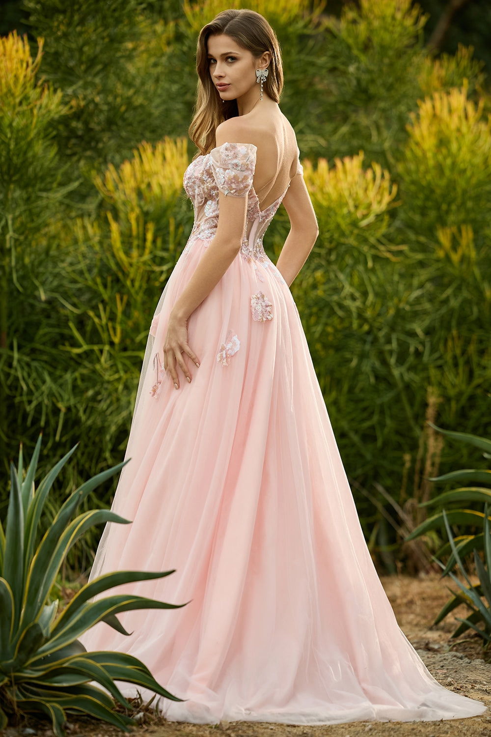 Pink A-Line Beaded Off-the-Shoulder Sheer Corset Long Prom Dress with Sequins