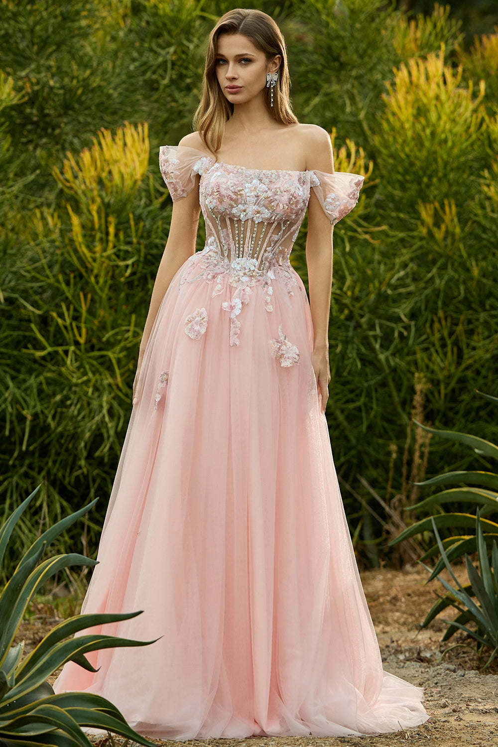 Pink A-Line Beaded Off-the-Shoulder Sheer Corset Long Prom Dress with Sequins