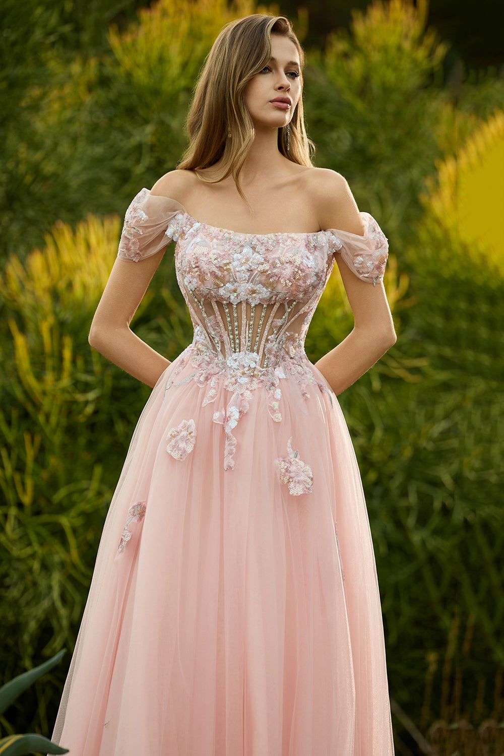 Pink A-Line Beaded Off-the-Shoulder Sheer Corset Long Prom Dress with Sequins