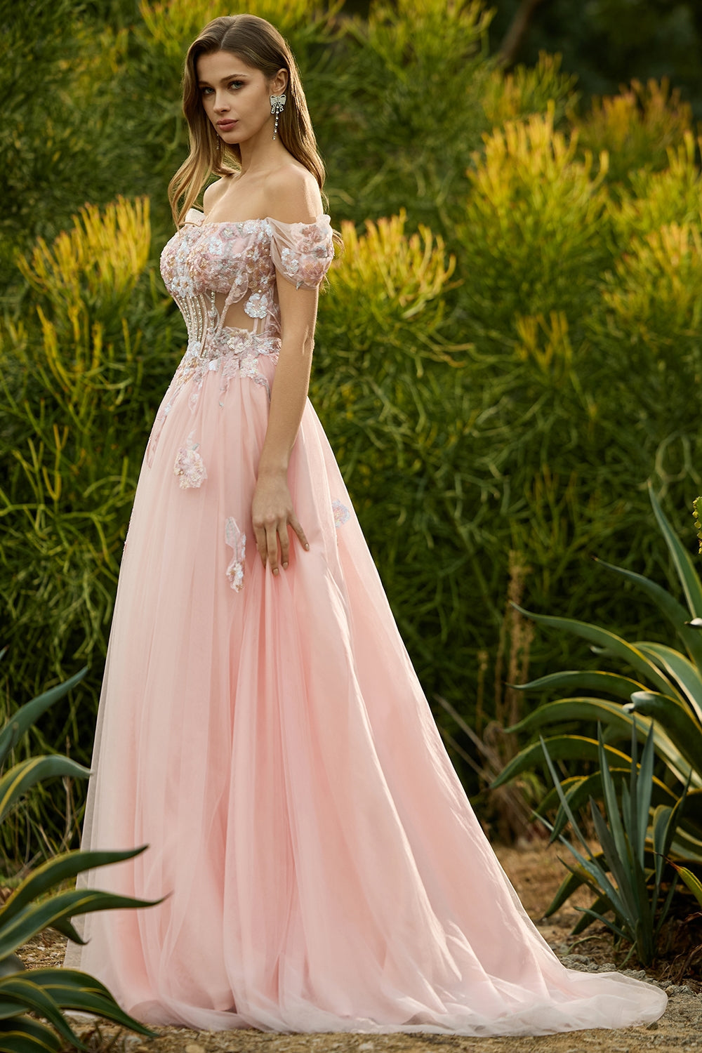 Pink A-Line Beaded Off-the-Shoulder Sheer Corset Long Prom Dress with Sequins