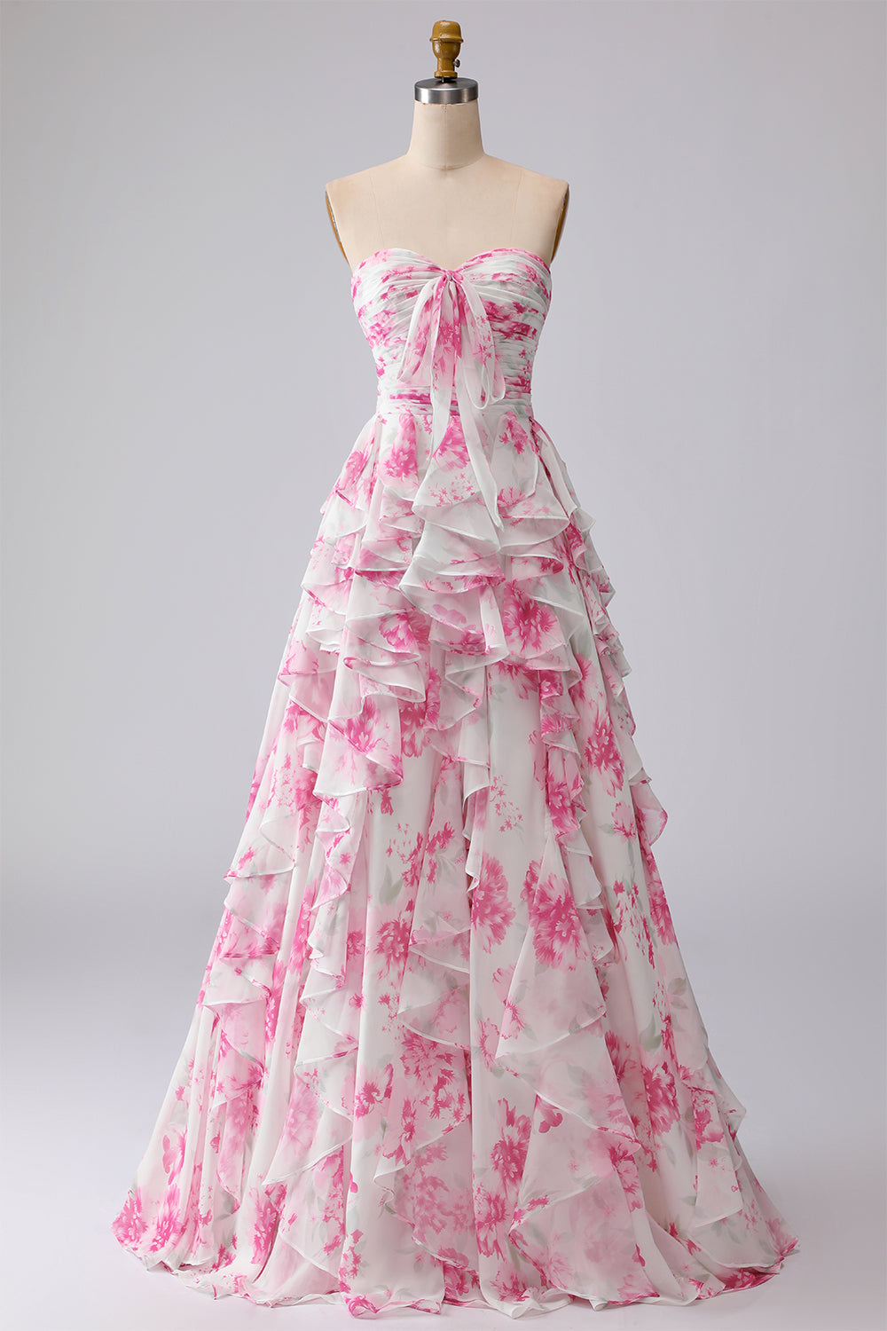 Robe longue de bal de promo plissée trapèze sans bretelles à volants, fleur fuchsia blanche