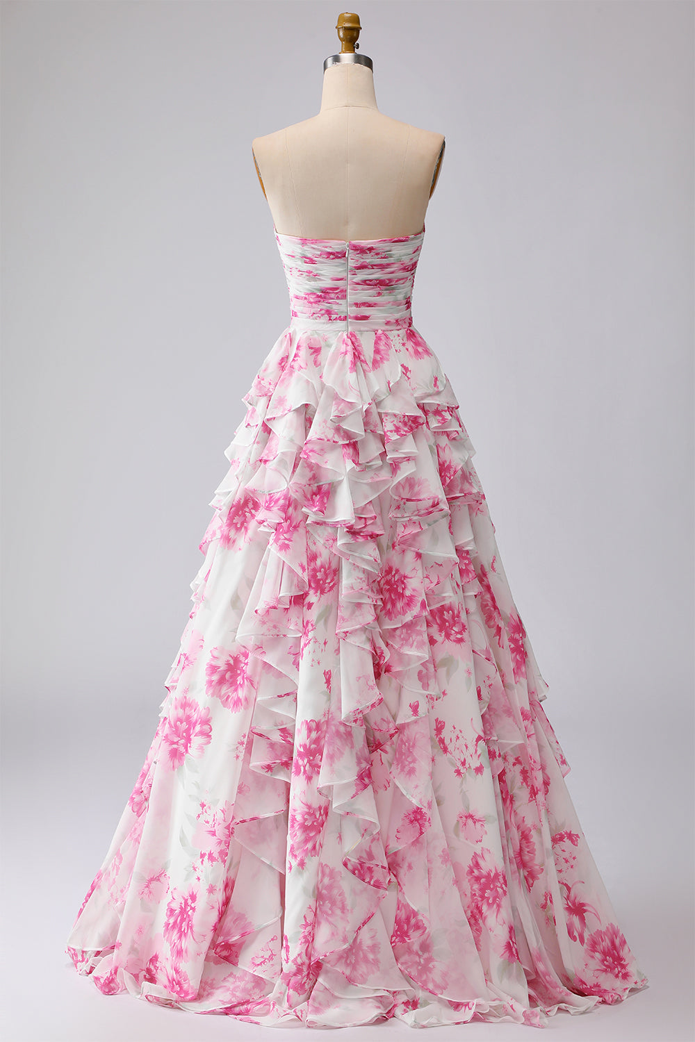 Robe longue de bal de promo plissée trapèze sans bretelles à volants, fleur fuchsia blanche